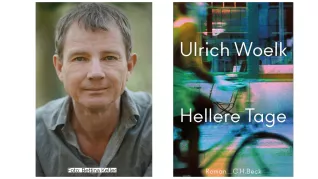 Ulrich Woelk und Buchcover "Hellere Tage"