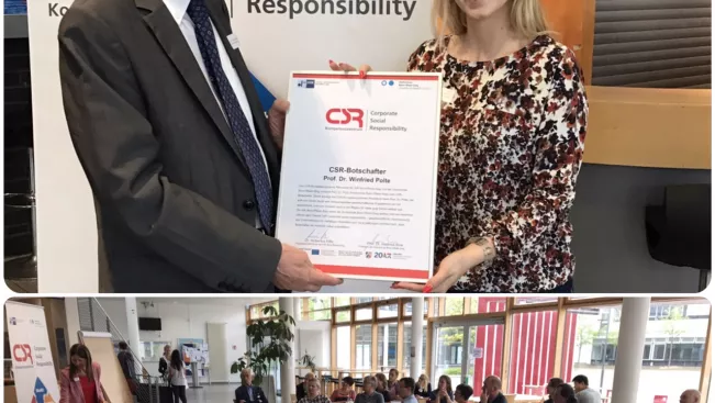 Lisa Schrade (CSR-Kompetenzzentrum) ernennt Prof. Dr. Winfried Polte zum neuen Botschafter auf dem CSR-BBQ 2017 (DE)