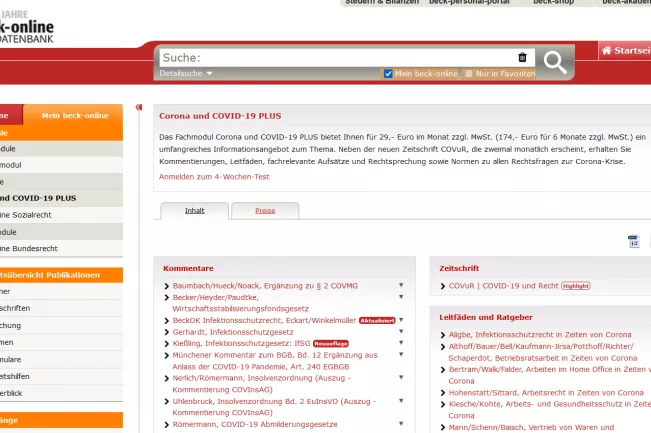 Screenshot Datenbank Beck-Online Corona Zusatzmodul (DE)