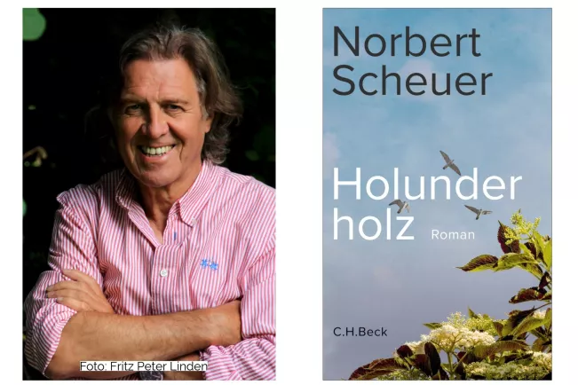 Norbert Scheuer (c) Fritz Peter Linden und Buchcover "Holunderholz"