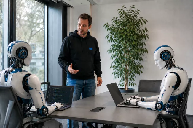 Mensch unterweist zwei Roboter in modernem Büro